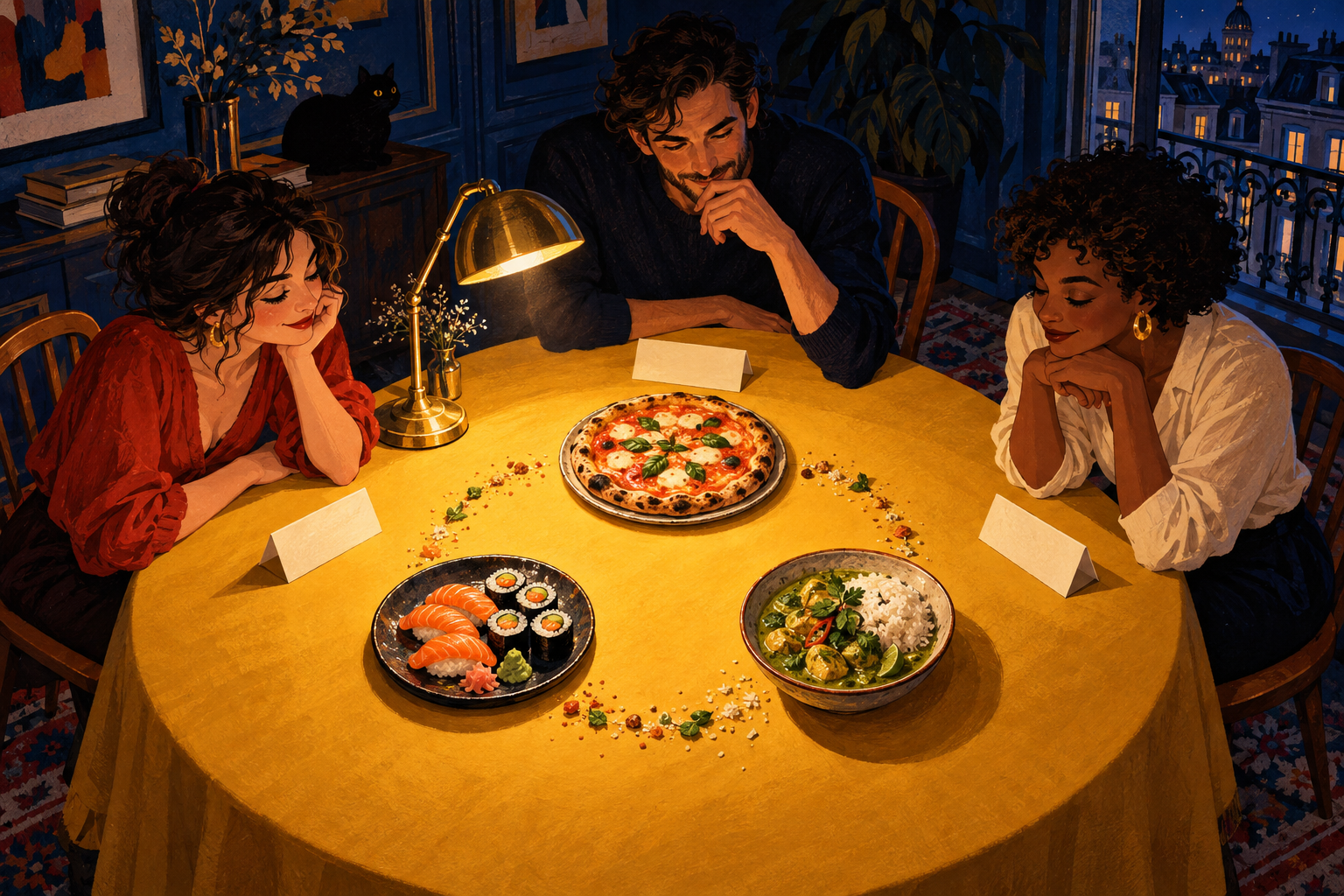 Trois convives autour d’une table jaune : pizza, sushis et curry forment un triangle sous une lampe.